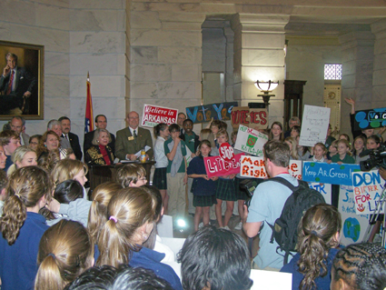 anti-litter rally in a building in Arkansas