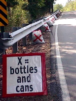 bags (marked with x's) filled with beverage container litter lining a highway
