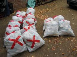 10 bags of x-marked litter next to 4 unmarked bags